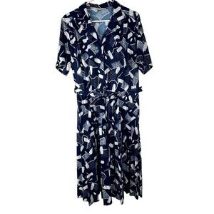 Anthony Richards Vintage Navy Blue Geometric Blouson Dress Belted Short Sleeve